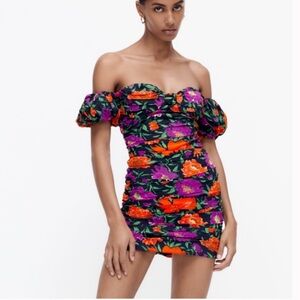 Zara floral print off the shoulder puff sleeve mini dress